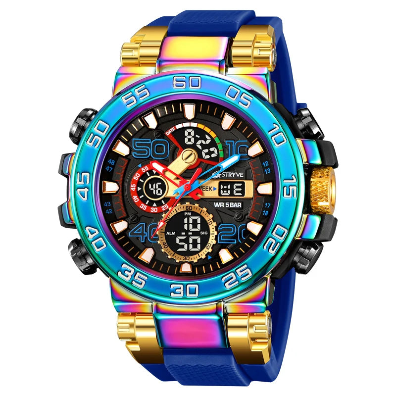 New STRYVE 8030 Men's Watch Fashion Sports Waterproof Wristwatch High Quality Digital-Analog Dual Movement Calendar Aralm Week