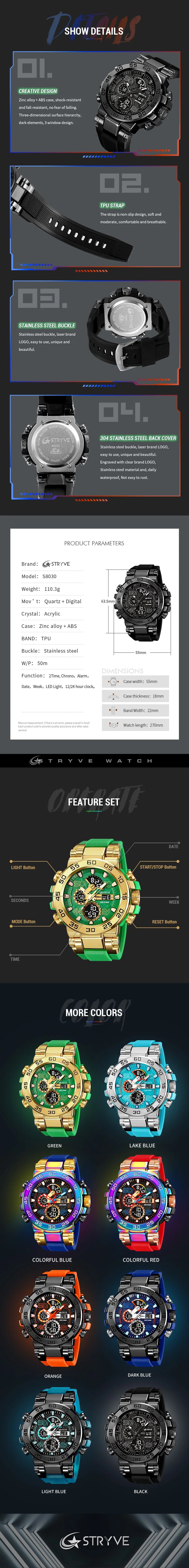 New STRYVE 8030 Men's Watch Fashion Sports Waterproof Wristwatch High Quality Digital-Analog Dual Movement Calendar Aralm Week