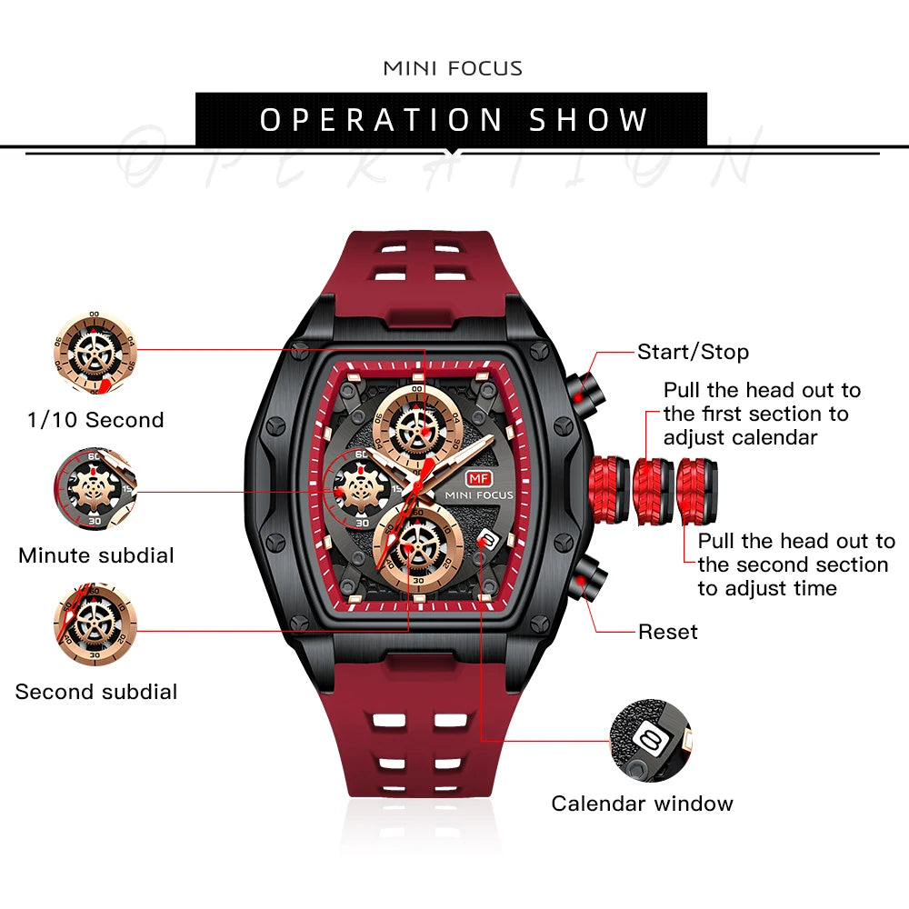 MINI FOCUS Multifunctional Luxury Fashion Quartz Wristwatches for Men Warrior Red Strap Waterproof Chronograph reloj hombre 473G