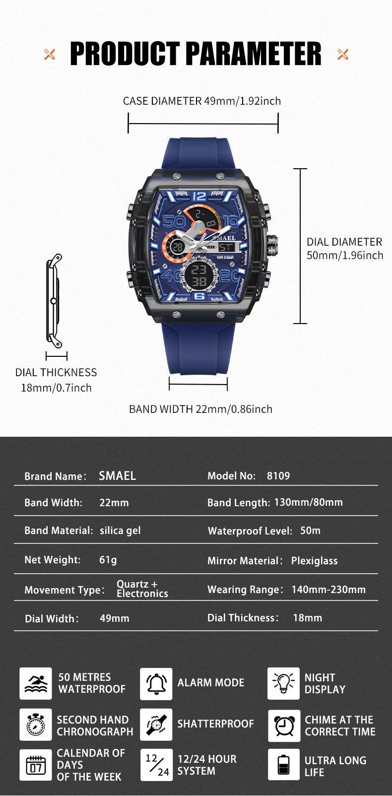 SMAEL Brand 8109 New electronic watch fashion square dual display waterproof luminous Multi-color For Men