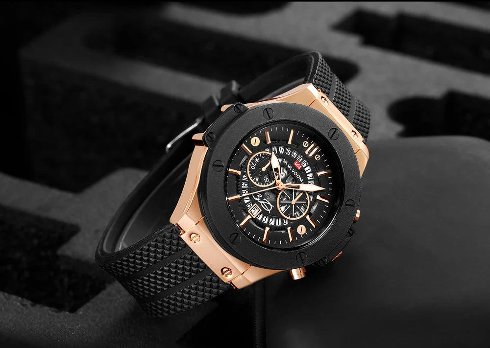 Black Silicone Mens Hand 46mm Hollowed Out Large Dial Rose Gold Fashionable Military Style Original Quartz Movement Sports Watch