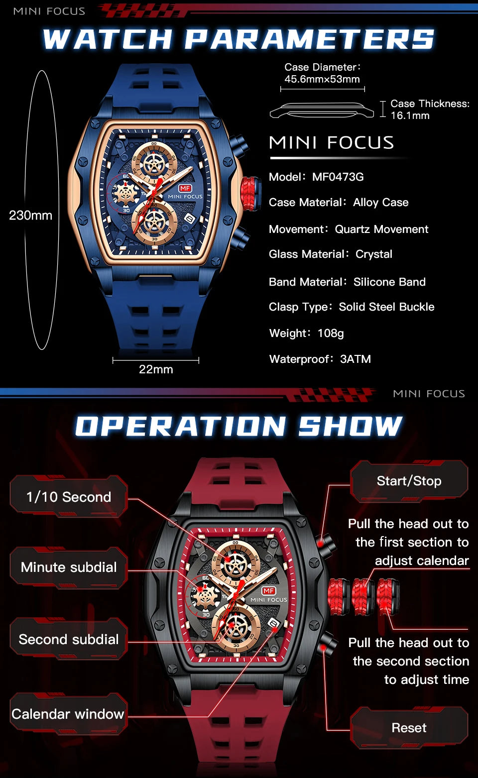 MINI FOCUS Multifunctional Luxury Fashion Quartz Wristwatches for Men Warrior Red Strap Waterproof Chronograph reloj hombre 473G