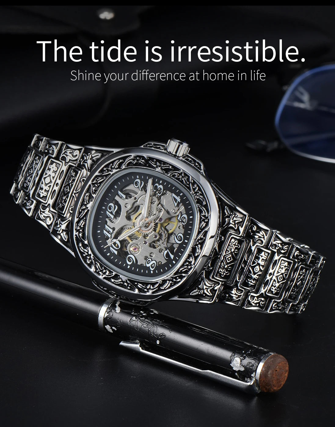 LONGLUX Automatic mechanical watch alloy steel vintage retro luxury waterproof skeleton ffordable 40mm wholesale Watch for Men