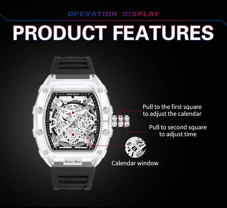 Fashionable Casual Men's Watch Luminous Calendar Function Silicone Strap Tonneau Shaped Transparent Case Men Quartz Watch Reloj