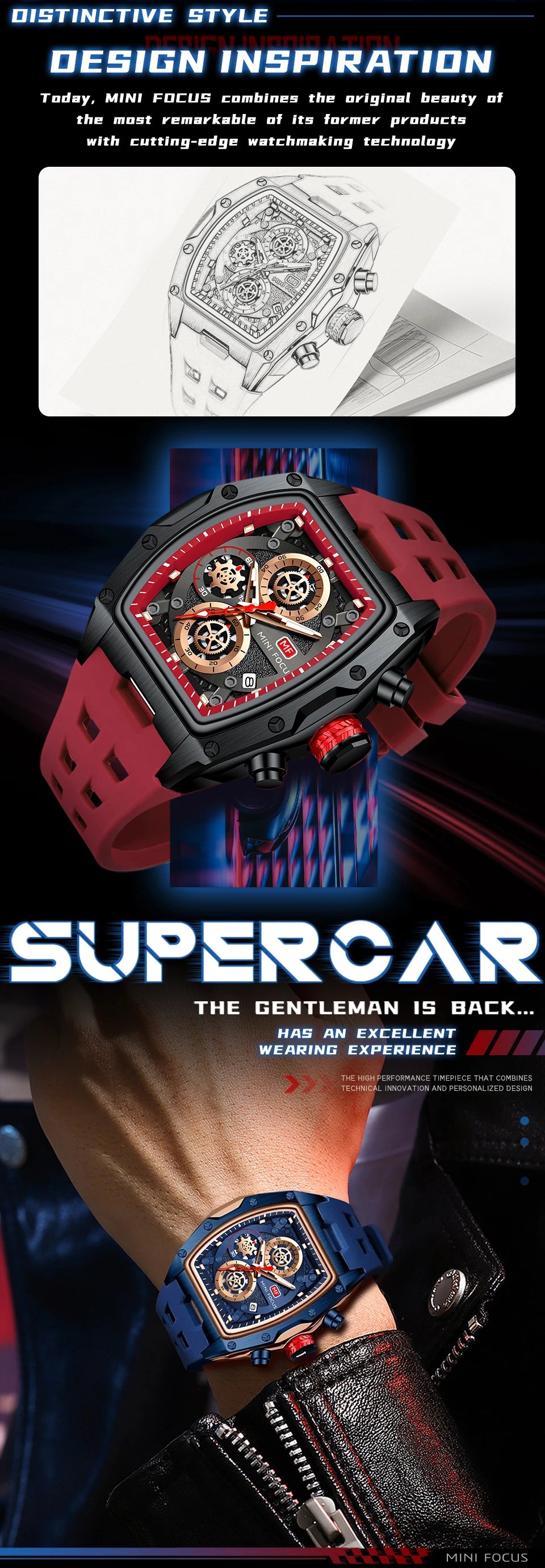 MINI FOCUS Multifunctional Luxury Fashion Quartz Wristwatches for Men Warrior Red Strap Waterproof Chronograph reloj hombre 473G