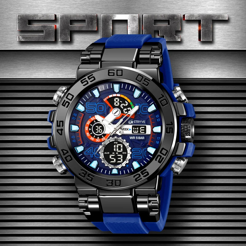 New STRYVE 8030 Men's Watch Fashion Sports Waterproof Wristwatch High Quality Digital-Analog Dual Movement Calendar Aralm Week