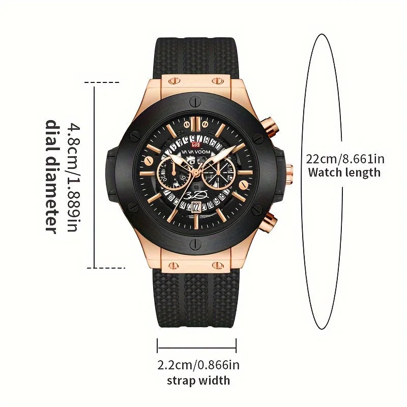 Black Silicone Mens Hand 46mm Hollowed Out Large Dial Rose Gold Fashionable Military Style Original Quartz Movement Sports Watch