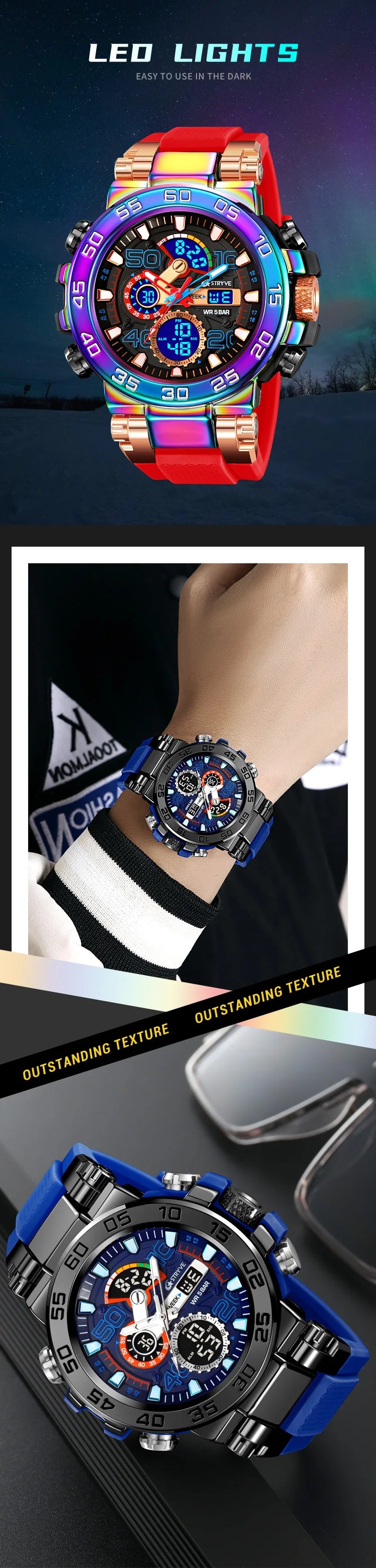 New STRYVE 8030 Men's Watch Fashion Sports Waterproof Wristwatch High Quality Digital-Analog Dual Movement Calendar Aralm Week