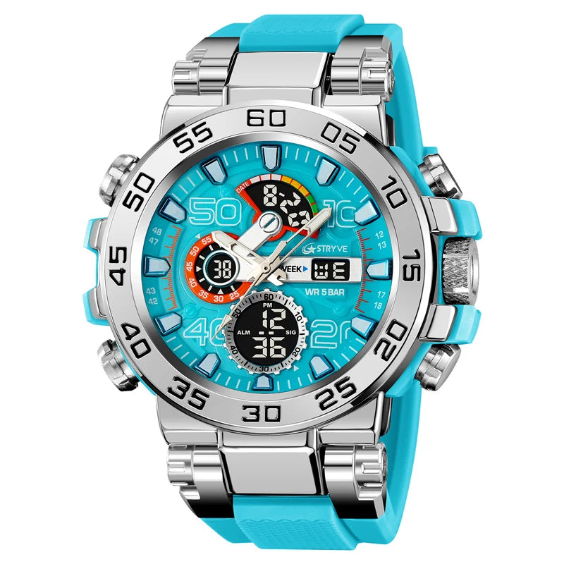 New STRYVE 8030 Men's Watch Fashion Sports Waterproof Wristwatch High Quality Digital-Analog Dual Movement Calendar Aralm Week