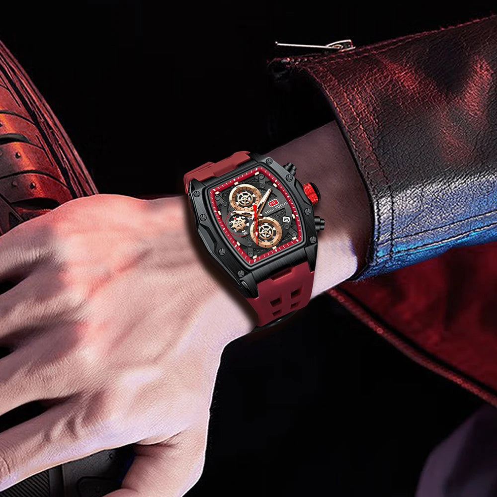 MINI FOCUS Multifunctional Luxury Fashion Quartz Wristwatches for Men Warrior Red Strap Waterproof Chronograph reloj hombre 473G