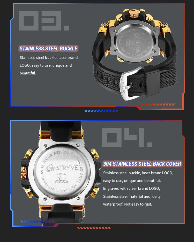 STRYVE Men's Watches 8025 Fashion Watch for Man 5ATM Waterproof Men's Clock High Quality Digital-Analog Movement Silicone Strap