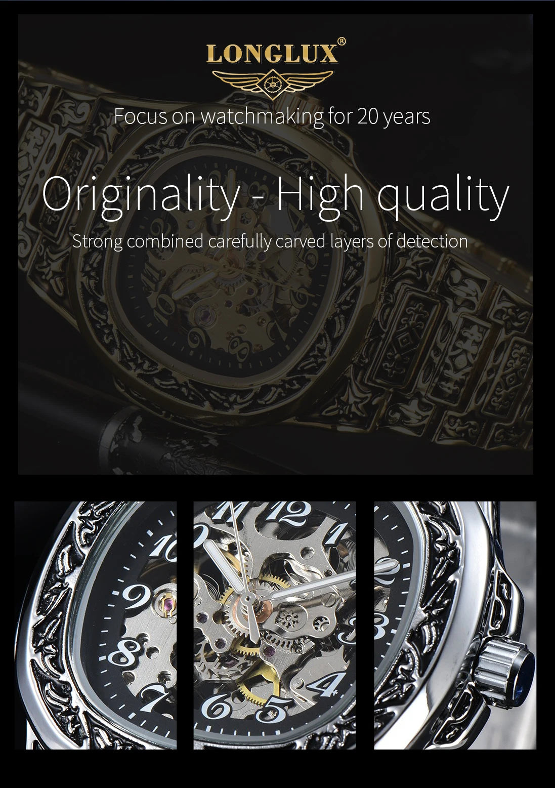 LONGLUX Automatic mechanical watch alloy steel vintage retro luxury waterproof skeleton ffordable 40mm wholesale Watch for Men