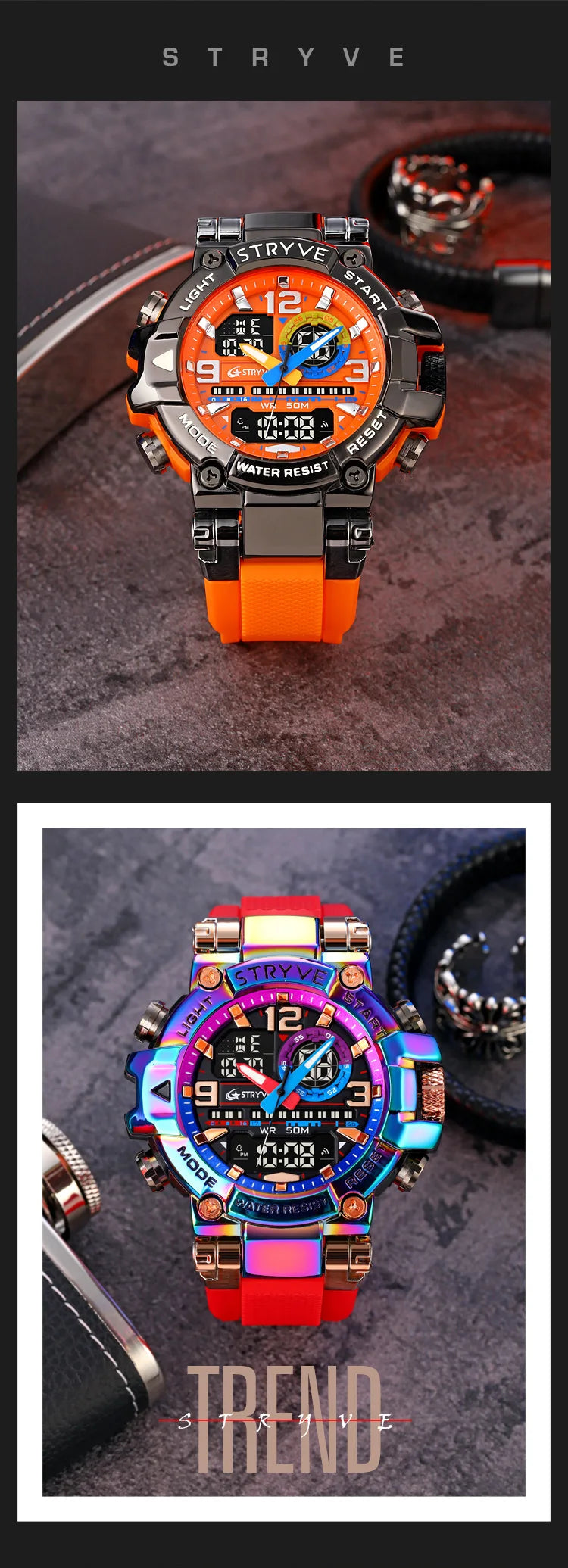 STRYVE Men's Watches 8025 Fashion Watch for Man 5ATM Waterproof Men's Clock High Quality Digital-Analog Movement Silicone Strap