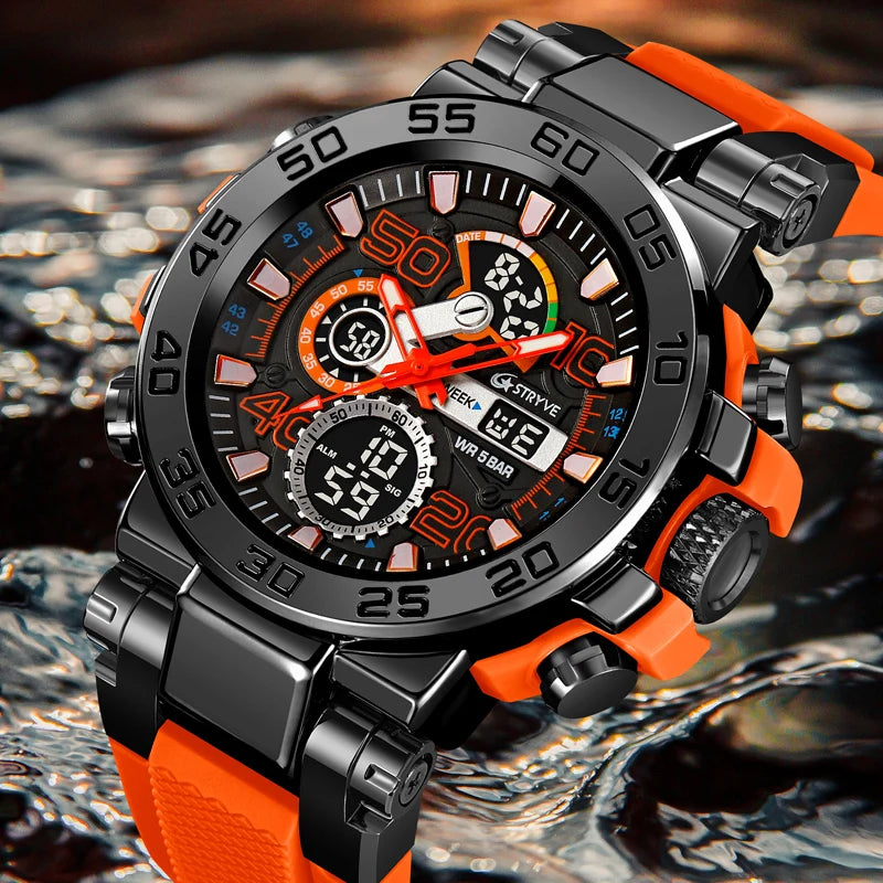 New STRYVE 8030 Men's Watch Fashion Sports Waterproof Wristwatch High Quality Digital-Analog Dual Movement Calendar Aralm Week
