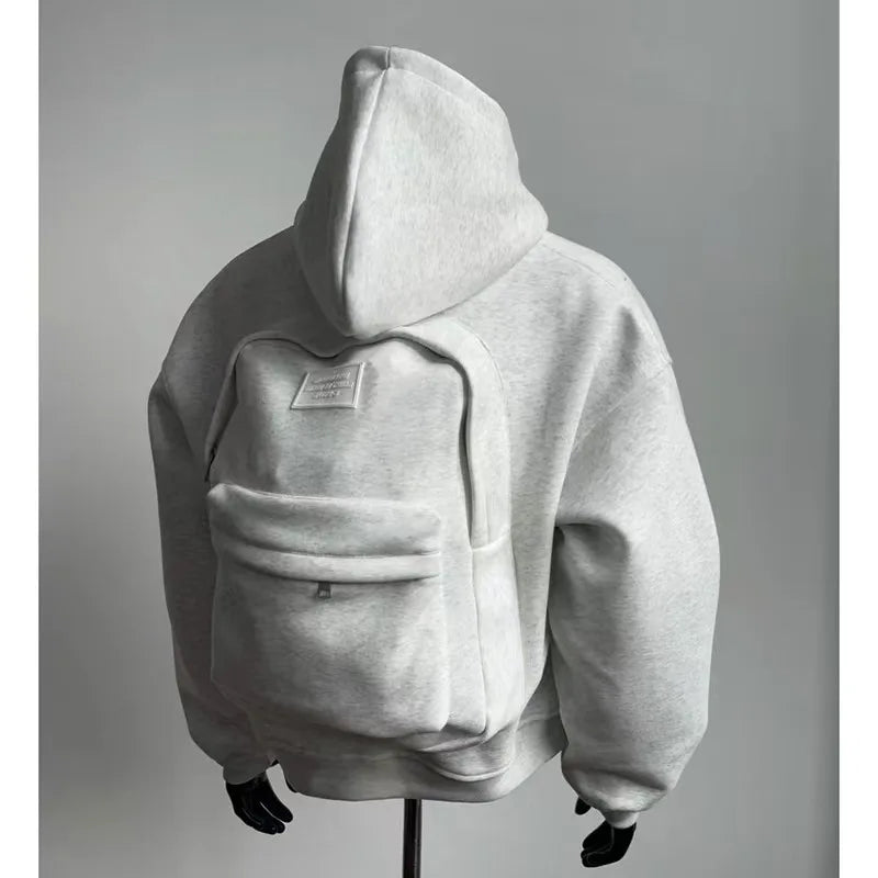 Streetwear fashion three-dimensional backpack casual hoodie Y2K autumn winter high street trend punk men's top loose sportswear