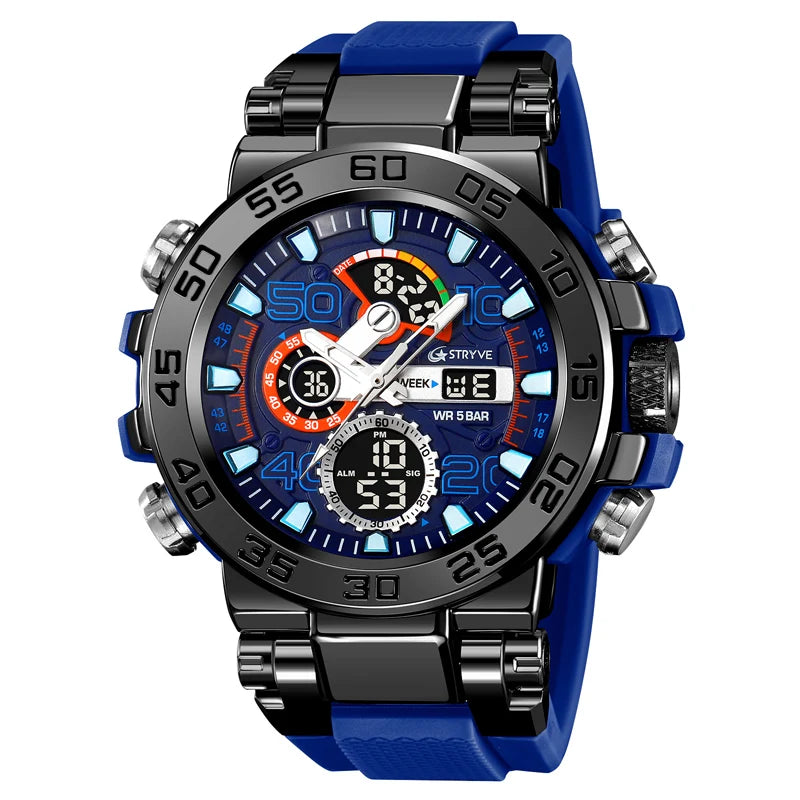 New STRYVE 8030 Men's Watch Fashion Sports Waterproof Wristwatch High Quality Digital-Analog Dual Movement Calendar Aralm Week