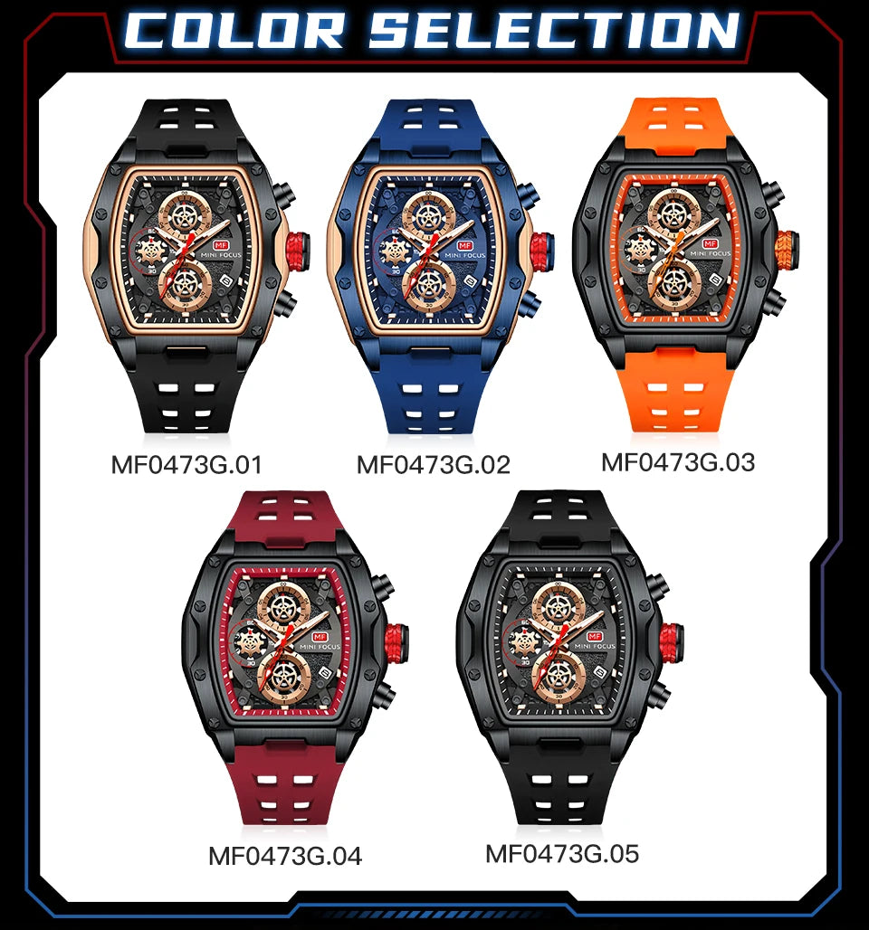 MINI FOCUS Multifunctional Luxury Fashion Quartz Wristwatches for Men Warrior Red Strap Waterproof Chronograph reloj hombre 473G