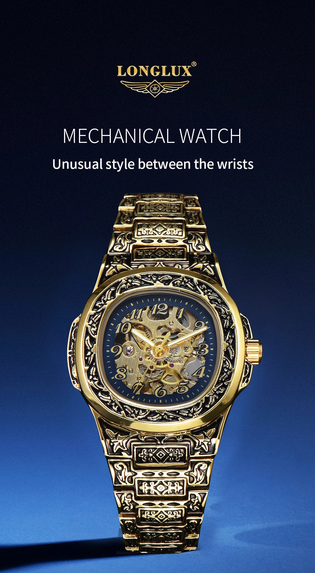 LONGLUX Automatic mechanical watch alloy steel vintage retro luxury waterproof skeleton ffordable 40mm wholesale Watch for Men