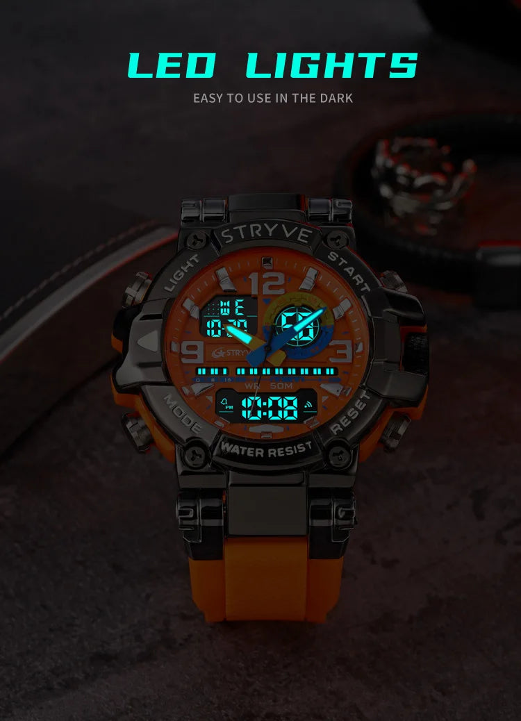 STRYVE Men's Watches 8025 Fashion Watch for Man 5ATM Waterproof Men's Clock High Quality Digital-Analog Movement Silicone Strap