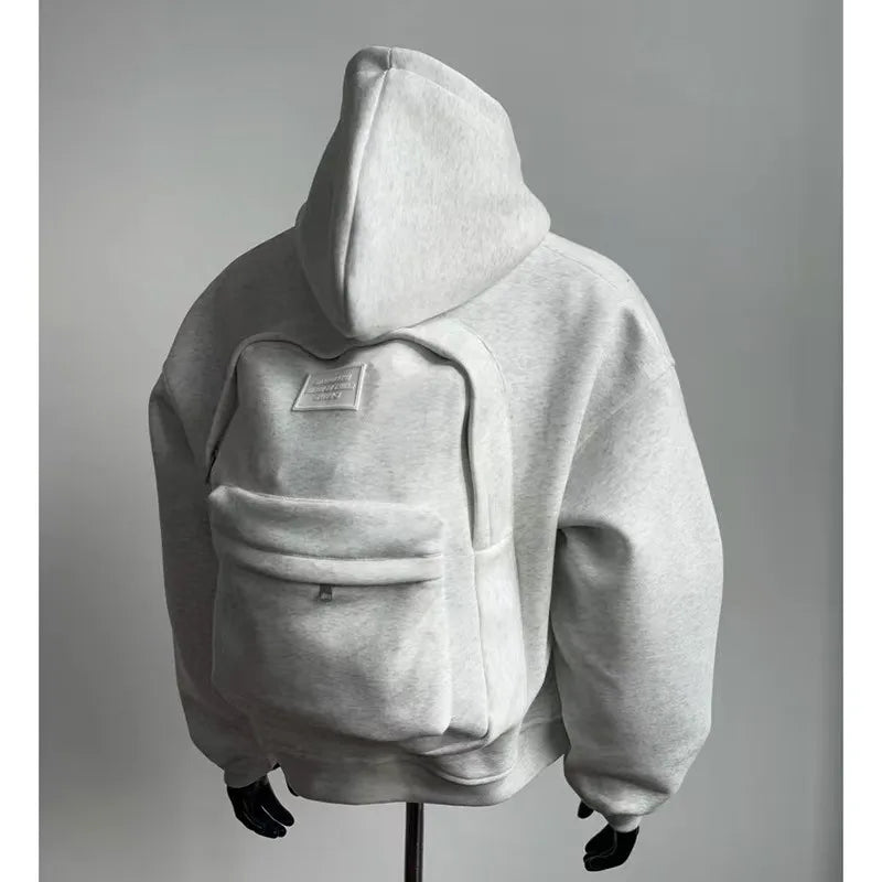 Streetwear fashion three-dimensional backpack casual hoodie Y2K autumn winter high street trend punk men's top loose sportswear