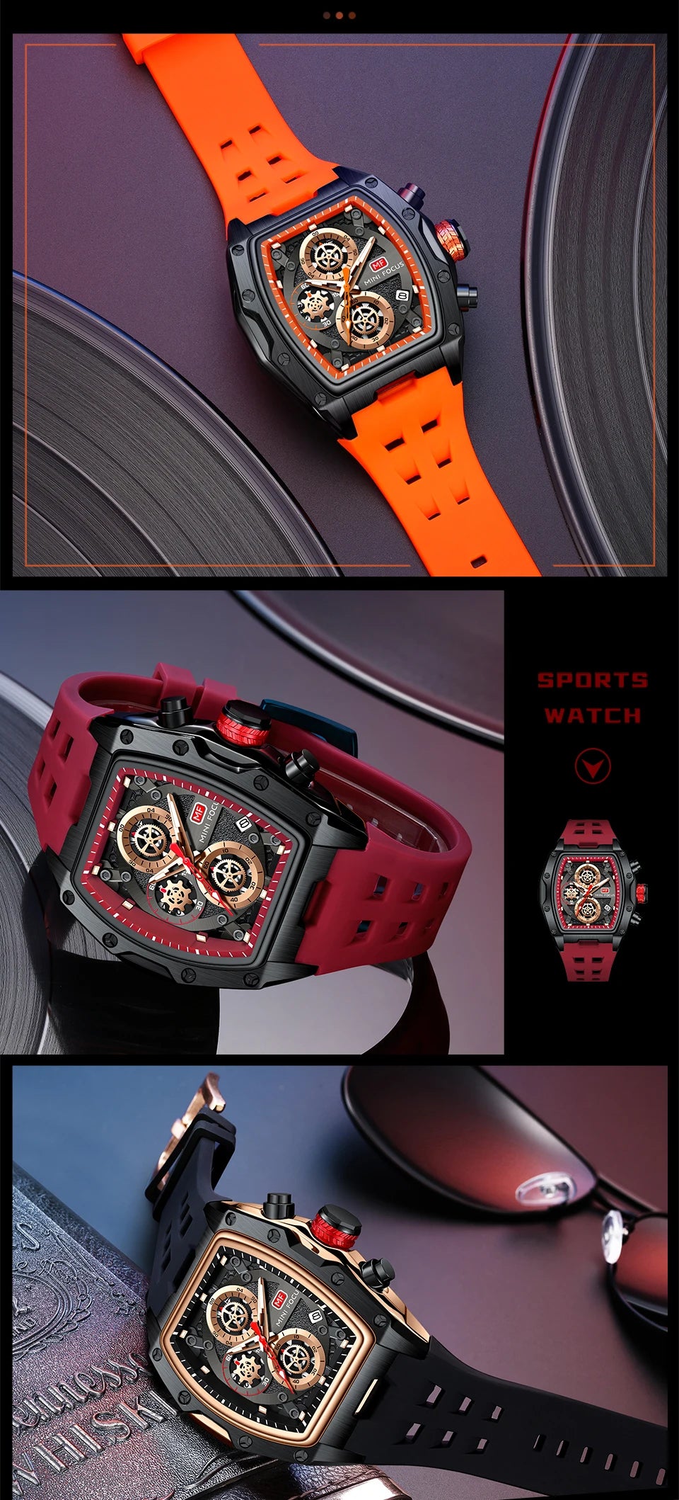 MINI FOCUS Multifunctional Luxury Fashion Quartz Wristwatches for Men Warrior Red Strap Waterproof Chronograph reloj hombre 473G