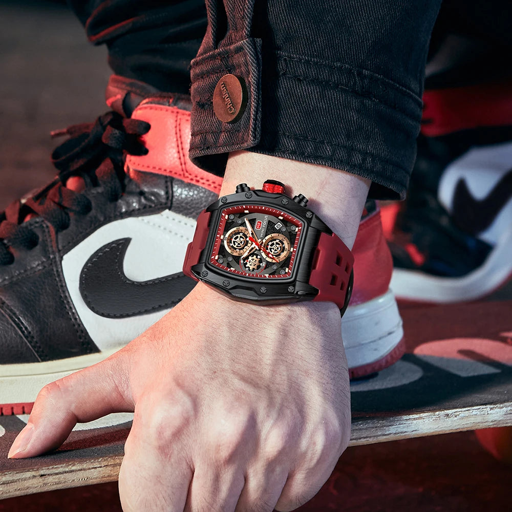 MINI FOCUS Multifunctional Luxury Fashion Quartz Wristwatches for Men Warrior Red Strap Waterproof Chronograph reloj hombre 473G