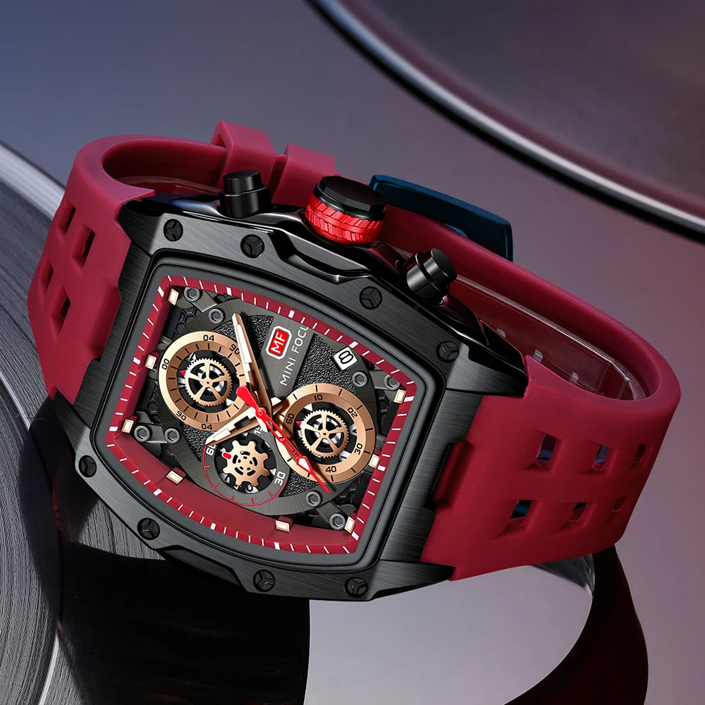 MINI FOCUS Multifunctional Luxury Fashion Quartz Wristwatches for Men Warrior Red Strap Waterproof Chronograph reloj hombre 473G