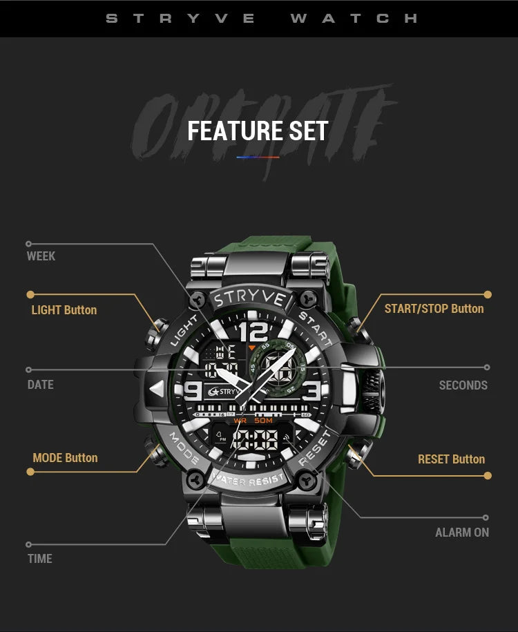 STRYVE Men's Watches 8025 Fashion Watch for Man 5ATM Waterproof Men's Clock High Quality Digital-Analog Movement Silicone Strap