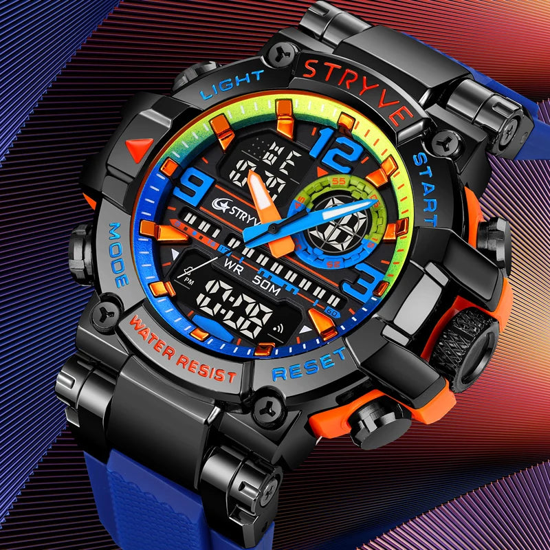 STRYVE Men's Watches 8025 Fashion Watch for Man 5ATM Waterproof Men's Clock High Quality Digital-Analog Movement Silicone Strap