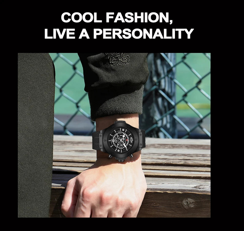 Black Silicone Mens Hand 46mm Hollowed Out Large Dial Rose Gold Fashionable Military Style Original Quartz Movement Sports Watch