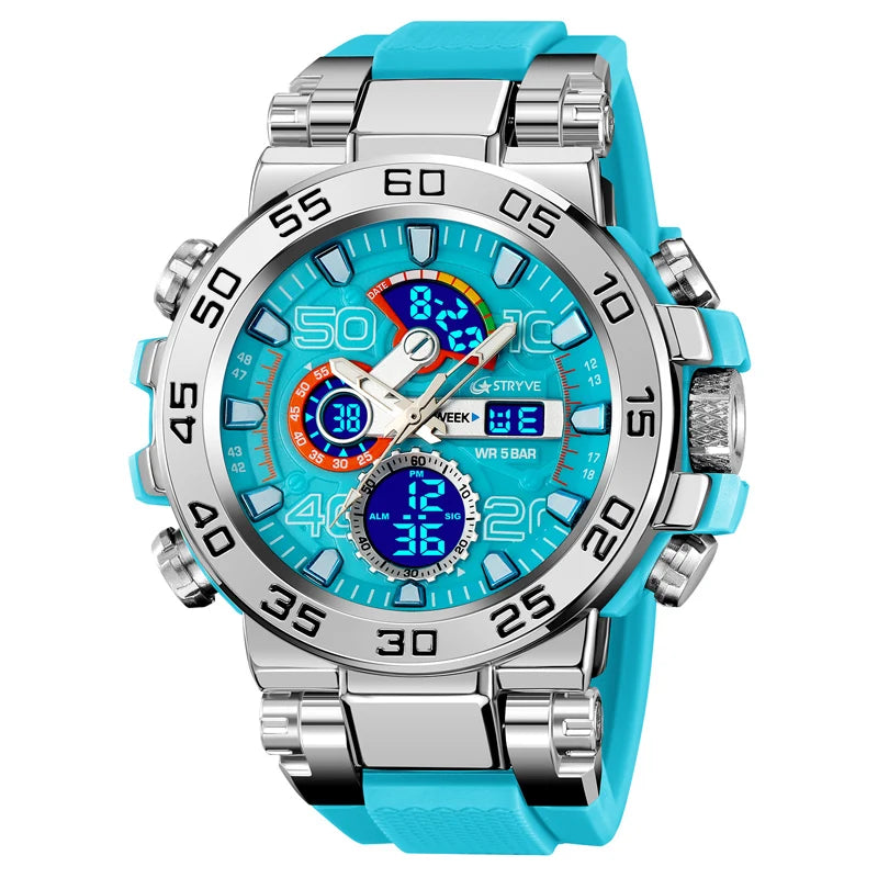 New STRYVE 8030 Men's Watch Fashion Sports Waterproof Wristwatch High Quality Digital-Analog Dual Movement Calendar Aralm Week