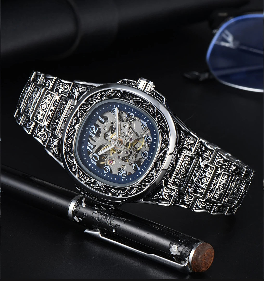 LONGLUX Automatic mechanical watch alloy steel vintage retro luxury waterproof skeleton ffordable 40mm wholesale Watch for Men