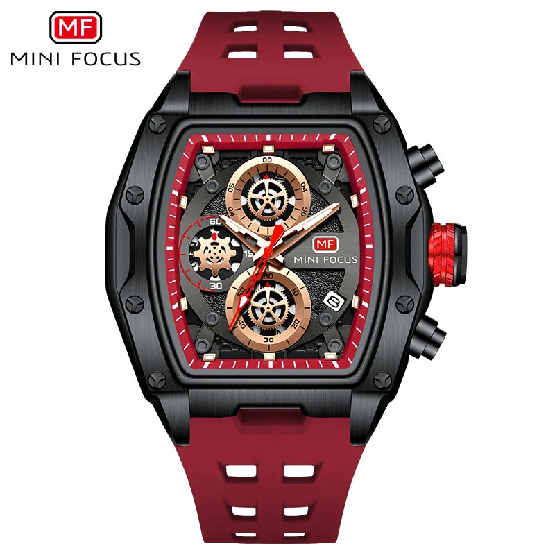 MINI FOCUS Multifunctional Luxury Fashion Quartz Wristwatches for Men Warrior Red Strap Waterproof Chronograph reloj hombre 473G