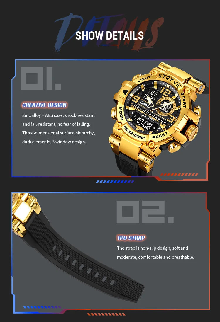 STRYVE Men's Watches 8025 Fashion Watch for Man 5ATM Waterproof Men's Clock High Quality Digital-Analog Movement Silicone Strap