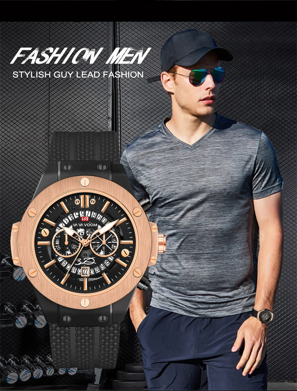 Black Silicone Mens Hand 46mm Hollowed Out Large Dial Rose Gold Fashionable Military Style Original Quartz Movement Sports Watch