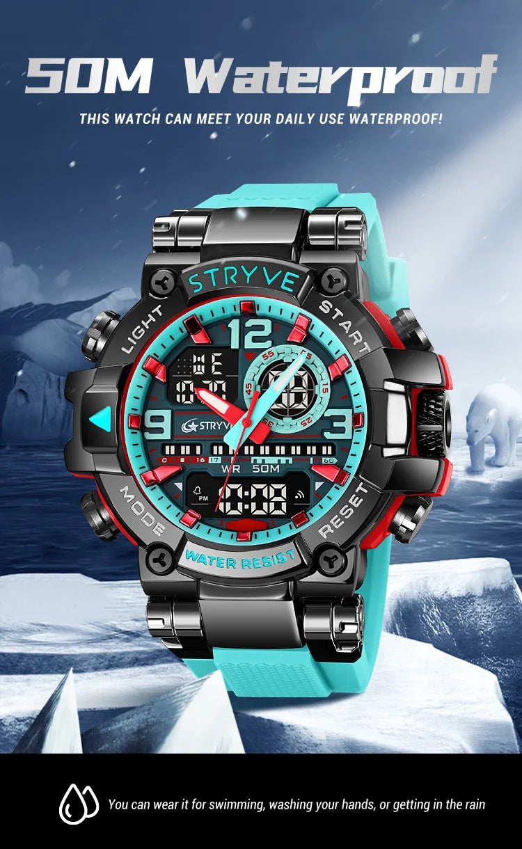 STRYVE Men's Watches 8025 Fashion Watch for Man 5ATM Waterproof Men's Clock High Quality Digital-Analog Movement Silicone Strap