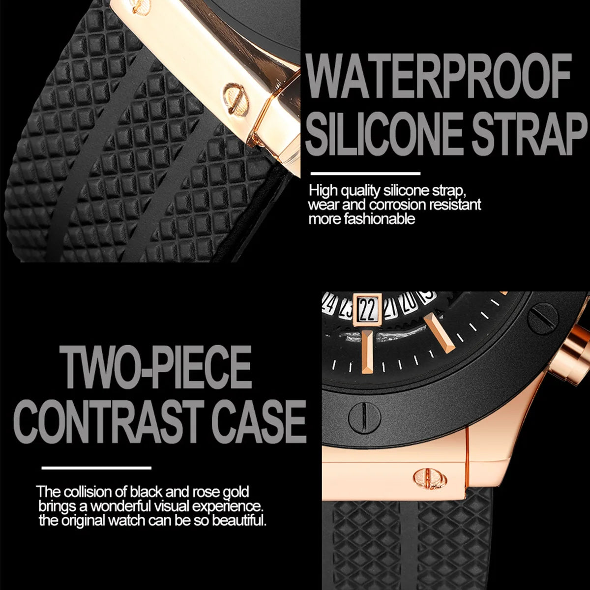 Black Silicone Mens Hand 46mm Hollowed Out Large Dial Rose Gold Fashionable Military Style Original Quartz Movement Sports Watch