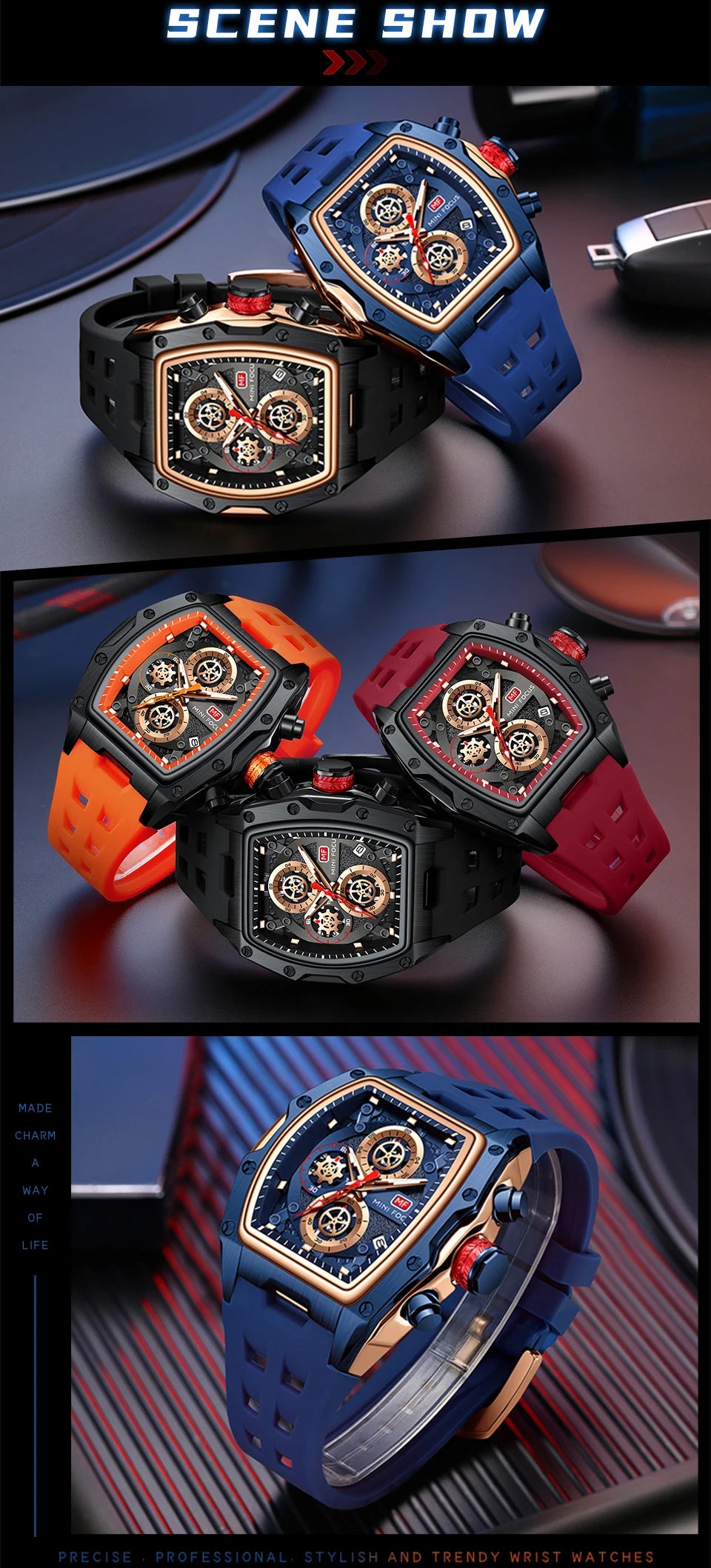 MINI FOCUS Multifunctional Luxury Fashion Quartz Wristwatches for Men Warrior Red Strap Waterproof Chronograph reloj hombre 473G