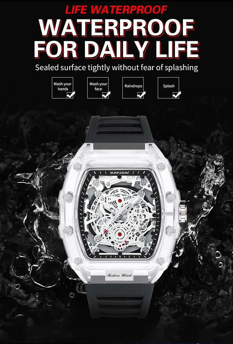 Fashionable Casual Men's Watch Luminous Calendar Function Silicone Strap Tonneau Shaped Transparent Case Men Quartz Watch Reloj