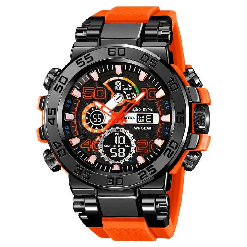 New STRYVE 8030 Men's Watch Fashion Sports Waterproof Wristwatch High Quality Digital-Analog Dual Movement Calendar Aralm Week