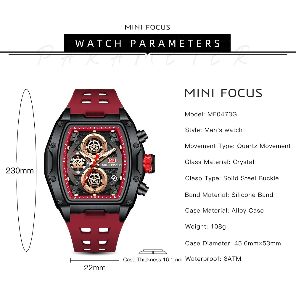 MINI FOCUS Multifunctional Luxury Fashion Quartz Wristwatches for Men Warrior Red Strap Waterproof Chronograph reloj hombre 473G