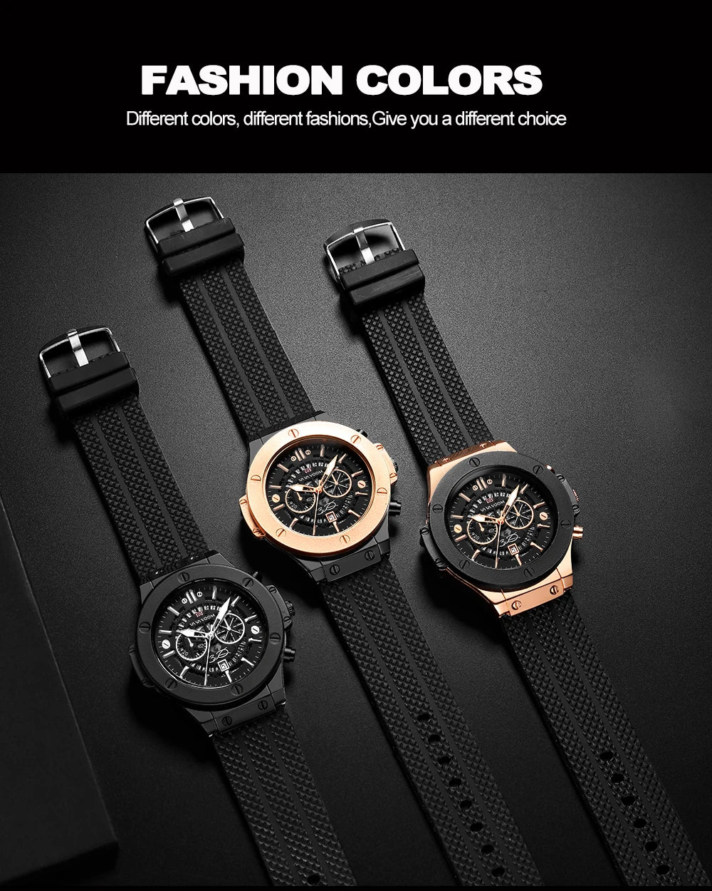 Black Silicone Mens Hand 46mm Hollowed Out Large Dial Rose Gold Fashionable Military Style Original Quartz Movement Sports Watch