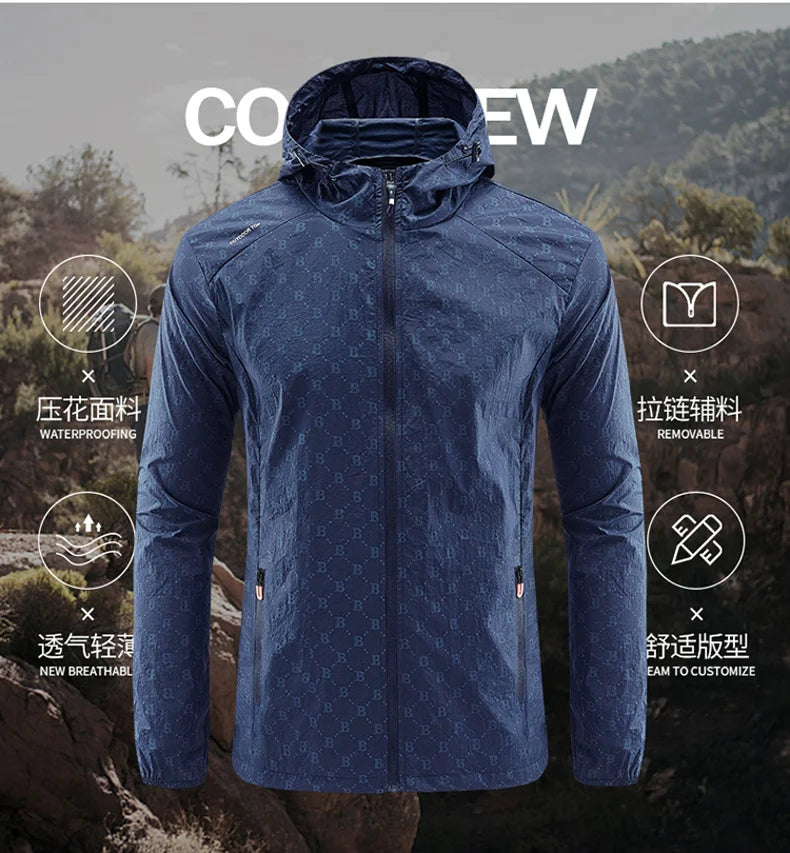 Men Thin Summer Cycling jacket Sun Protection jacket Moutain Hiking Fishing Casual Windbreaker Quick Drying Sports Hooded Coat
