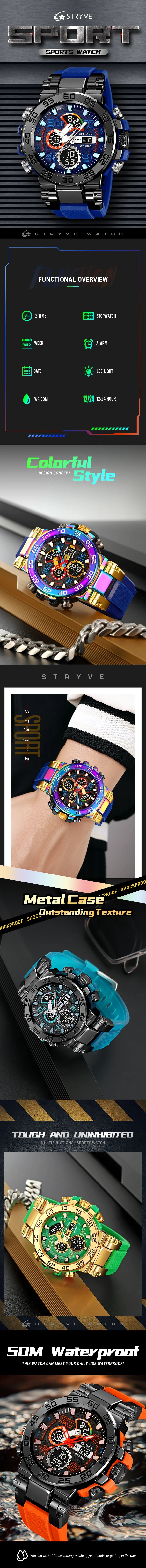 New STRYVE 8030 Men's Watch Fashion Sports Waterproof Wristwatch High Quality Digital-Analog Dual Movement Calendar Aralm Week