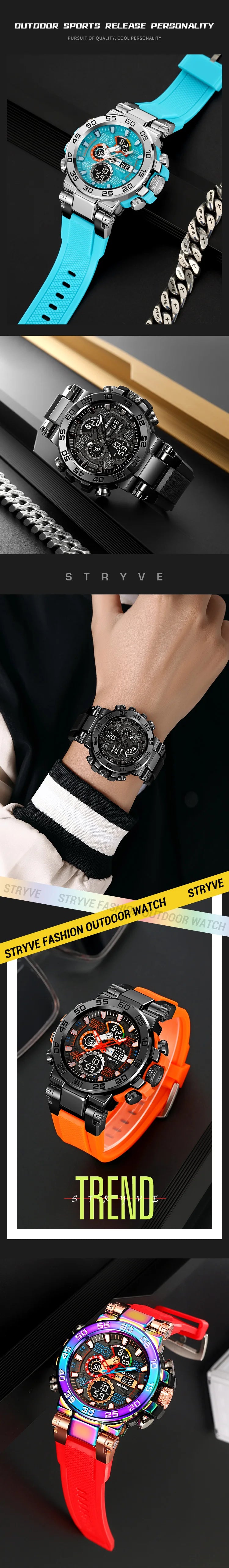 New STRYVE 8030 Men's Watch Fashion Sports Waterproof Wristwatch High Quality Digital-Analog Dual Movement Calendar Aralm Week