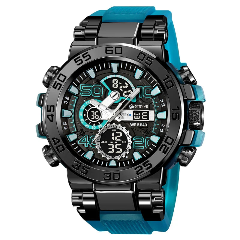 New STRYVE 8030 Men's Watch Fashion Sports Waterproof Wristwatch High Quality Digital-Analog Dual Movement Calendar Aralm Week