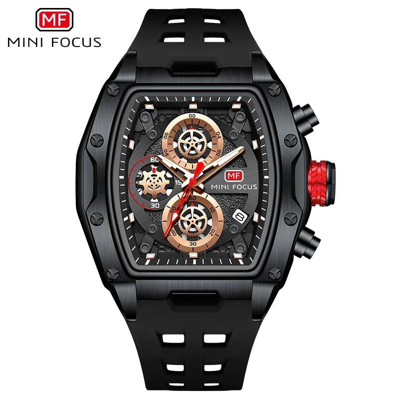 MINI FOCUS Multifunctional Luxury Fashion Quartz Wristwatches for Men Warrior Red Strap Waterproof Chronograph reloj hombre 473G